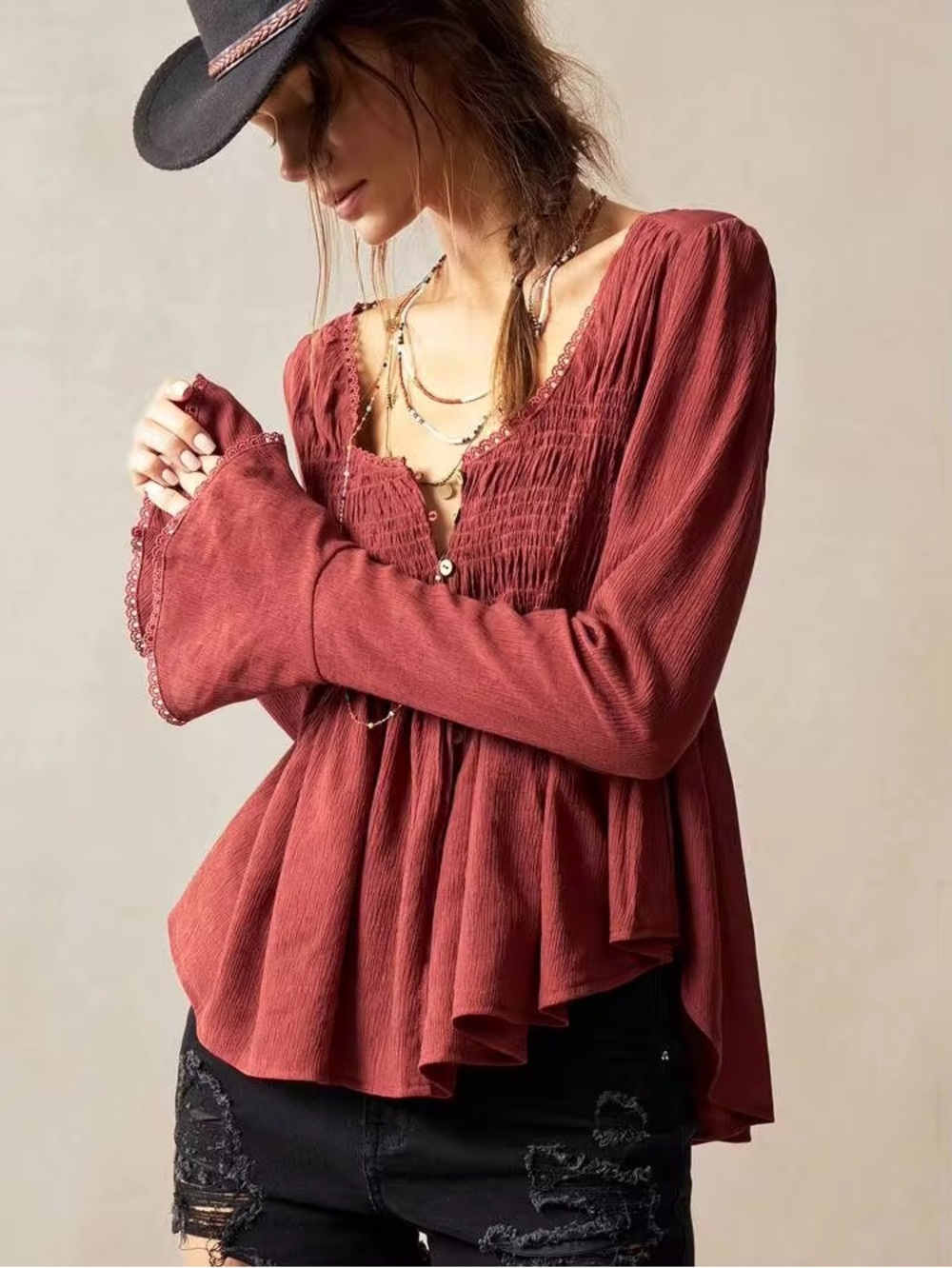 Boho Smocked Peasant Blouse in Rust - Women Tops